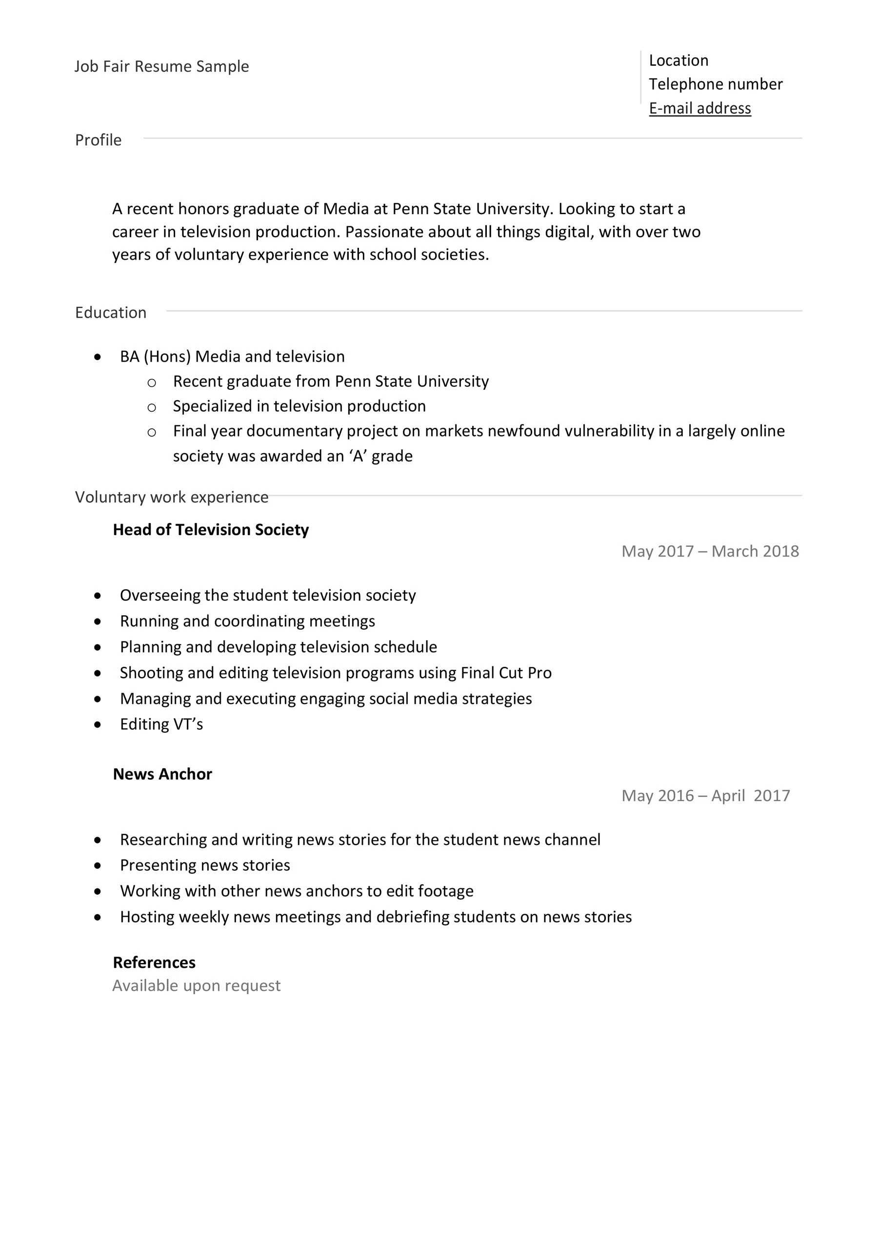 Job Fair Resume Example